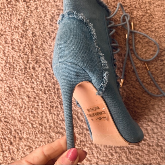Women's Frayed Denim Peep Toe Stiletto Booties  Lace Up Size 6 - Picture 14 of 14